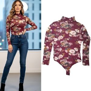 Cleo Burgundy Floral Mock Neck Long Sleeve Sheer Bodysuit Medium